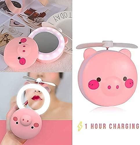 Cute Piggy Mirror with LED Lights & Pocket Fan