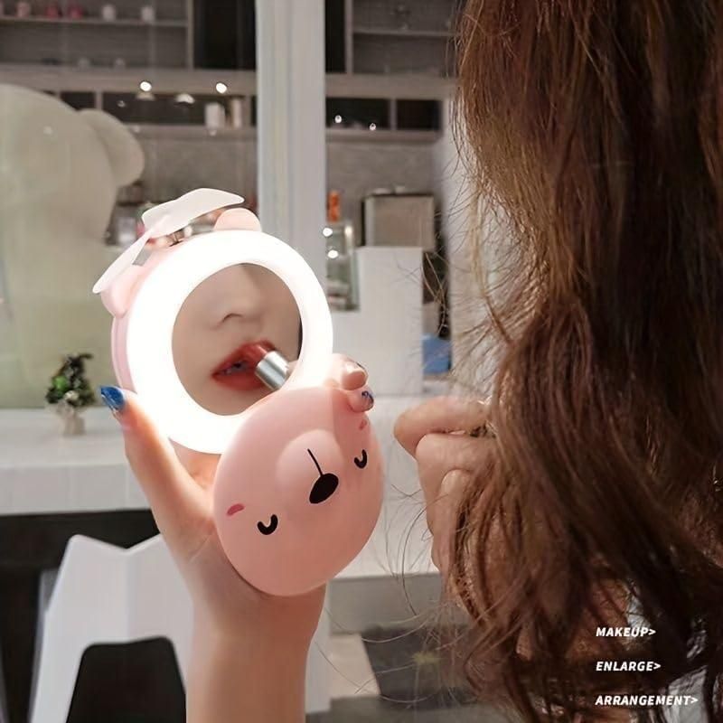 Cute Piggy Mirror with LED Lights & Pocket Fan
