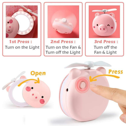 Cute Piggy Mirror with LED Lights & Pocket Fan