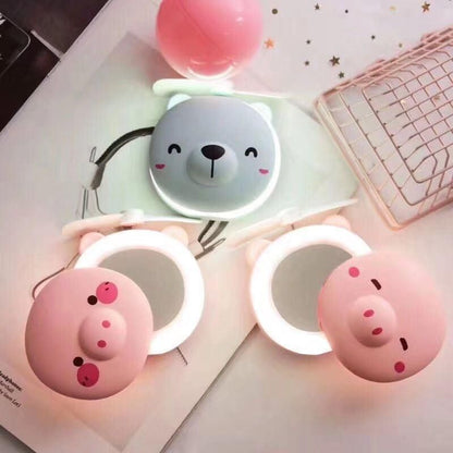 Cute Piggy Mirror with LED Lights & Pocket Fan